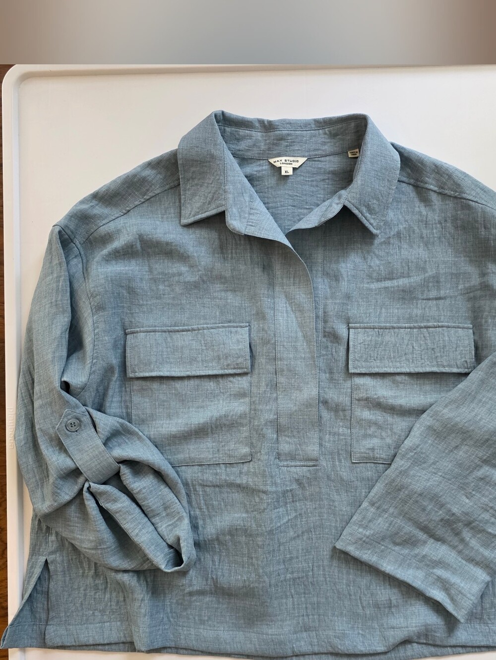 Max Studio London Seafoam Blue Slub Textured Linen Look Blouse XL